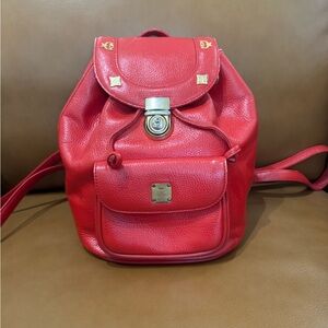 MCM Red Pebbled Leather Drawstring Backpack with Front Pocket